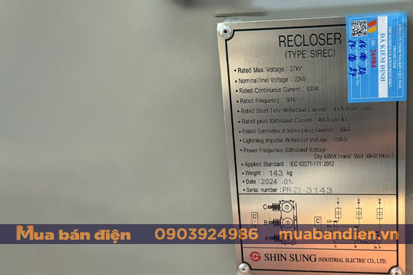 Thông số kỹ thuật Recloser Shinsung 27kV