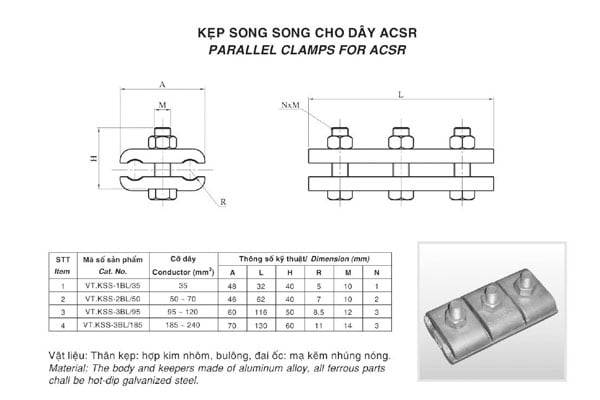 Cấu tạo kẹp nhôm AC - kẹp rẽ nhánh song song