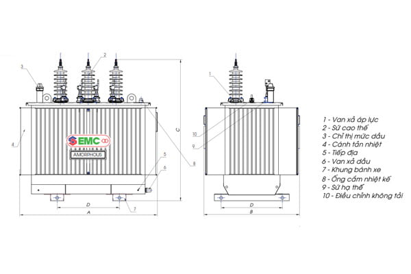 Cấu tạo máy biến áp Amorphous EMC Cơ điện Thủ Đức - Loại 3 pha