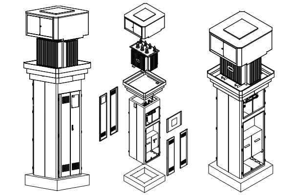 Bản Vẽ Trạm Biến Áp 1 Cột Kiểu Mới 1000x1000x3400 Tích Hợp Tủ RMU 3 Ngăn