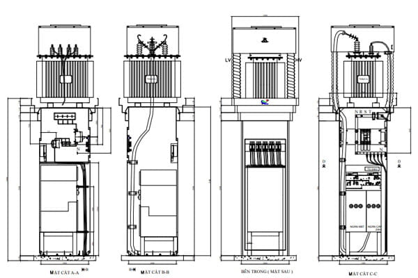 Bản vẽ trạm biến áp gồm trụ thép đơn thân đỡ máy biến áp tích hợp RMU 2 ngăn - 1 ngăn thanh cái - 1 ngăn LBS có bệ chì