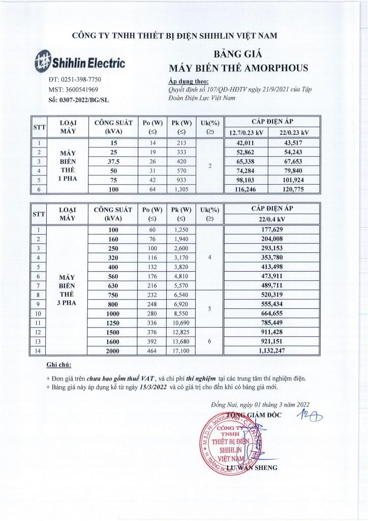 Bảng giá máy biến áp Amorphous SHIHLIN 15/03/2022 áp dụng theo quyết định 107/QĐ-HĐTV