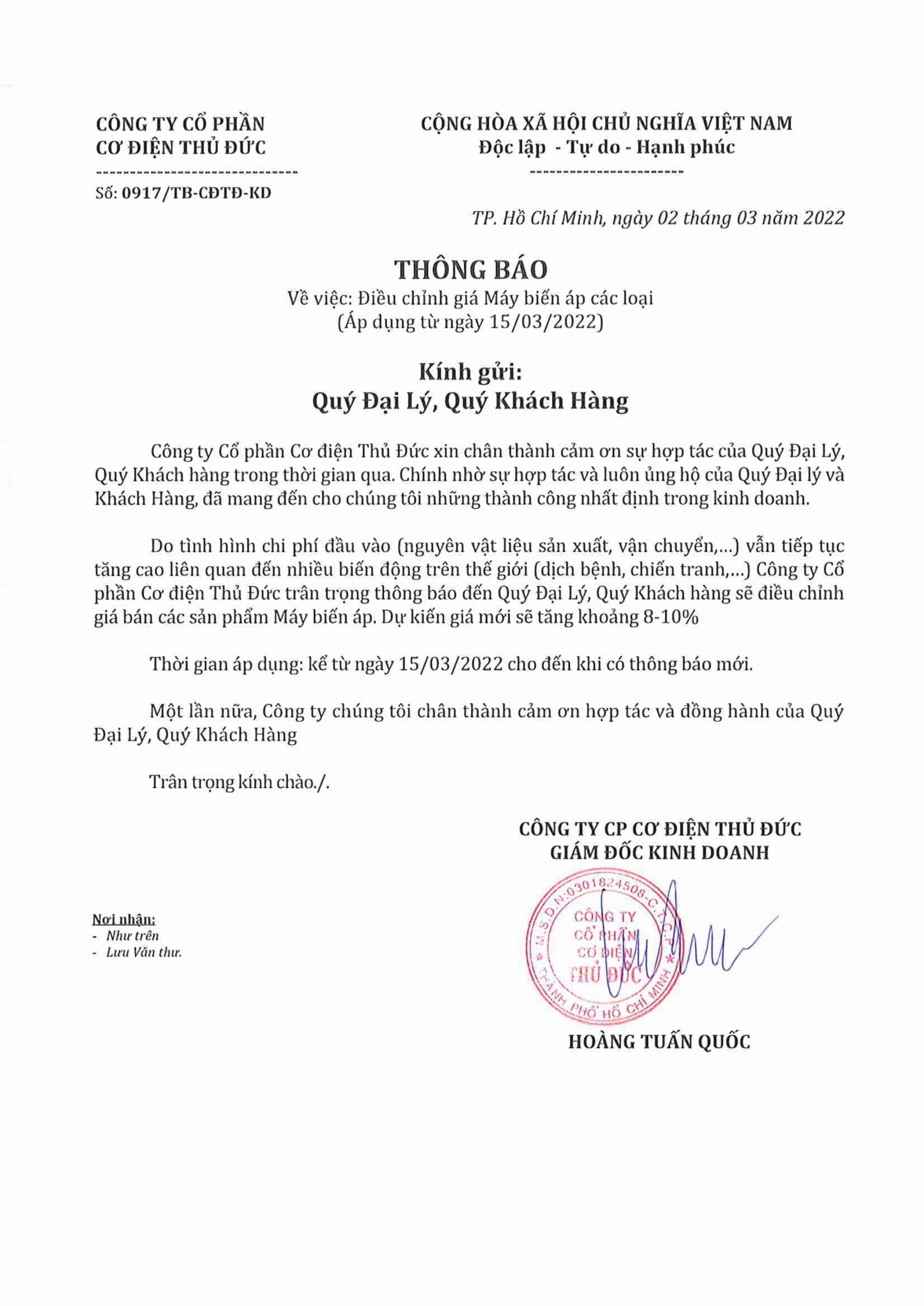 [15/03/2022] Thông Báo Tăng Giá Bán Máy Biến Áp EMC