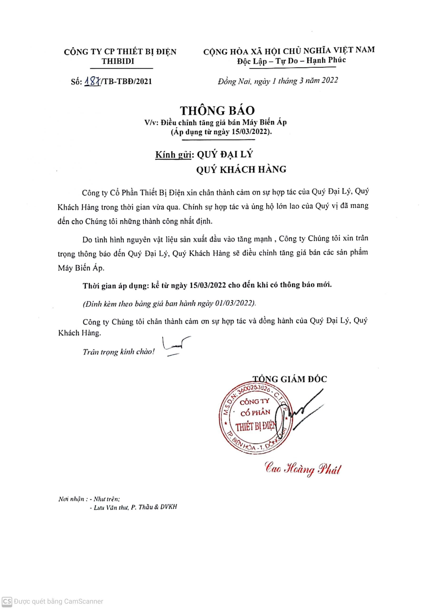 Thông Báo Điều Chỉnh Giá Bán Máy Biến Áp THIBIDI