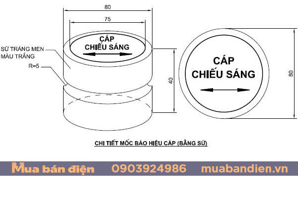 Bản vẽ mốc sứ cảnh báo cáp ngầm chiếu sáng
