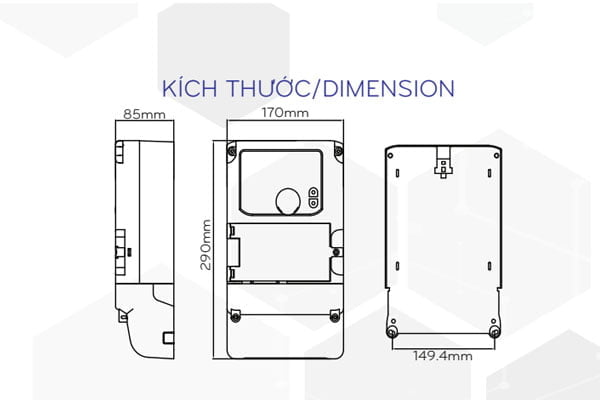 Kích thước công tơ điện tử VINASINO 3 pha nhiều giá trực tiếp VSE3T-5B