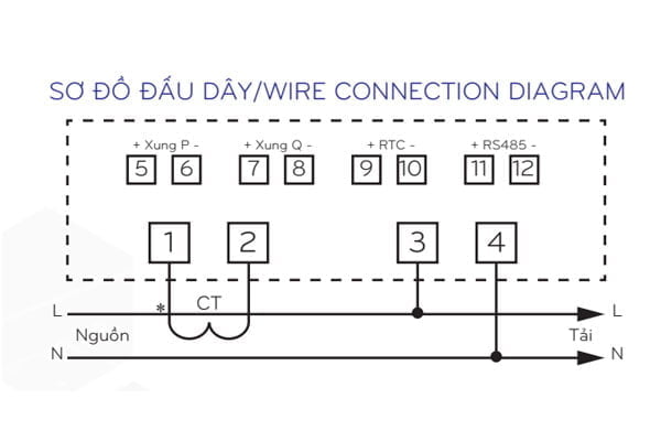 Sơ đồ đấu dây công tơ điện tử VINASINO VSE1T-510B
