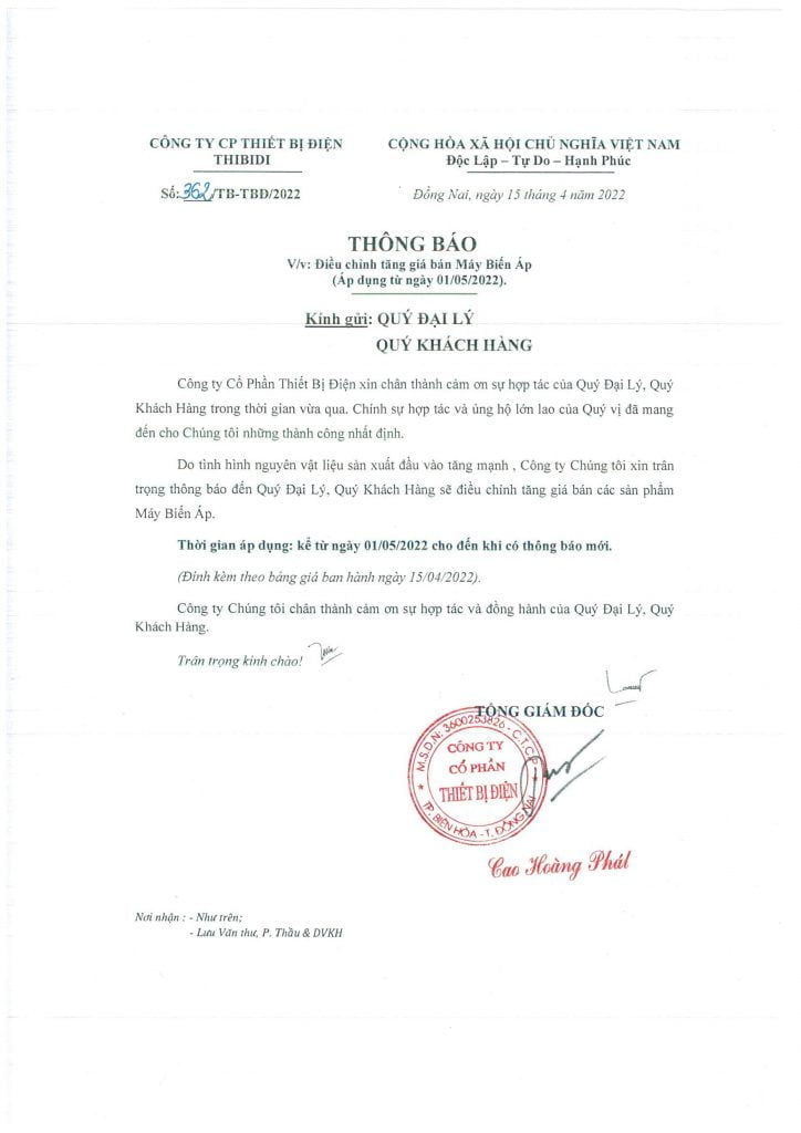 Máy Biến Áp THIBIDI Tiếp Tục Điều Chỉnh Giá Bán