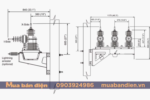Bản vẽ cấu tạo Recloser U27 Schneider lắp đặt trên cột