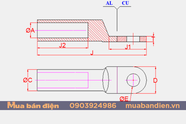 Bản vẽ cấu tạo đầu cốt đồng nhôm 1 lỗ DTL bản cực dày