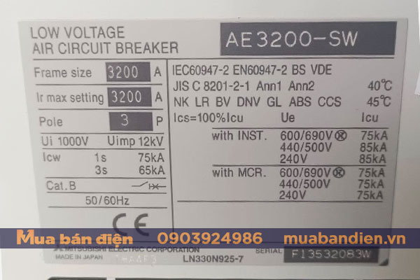 Thông số máy cắt ACB Mitsubishi AE3200-SW