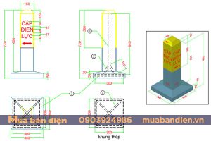 Bản vẽ trụ bê tông cảnh báo cáp ngầm có chân đế