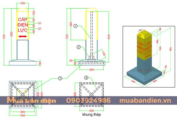 Bản vẽ trụ bê tông cảnh báo cáp ngầm có chân đế