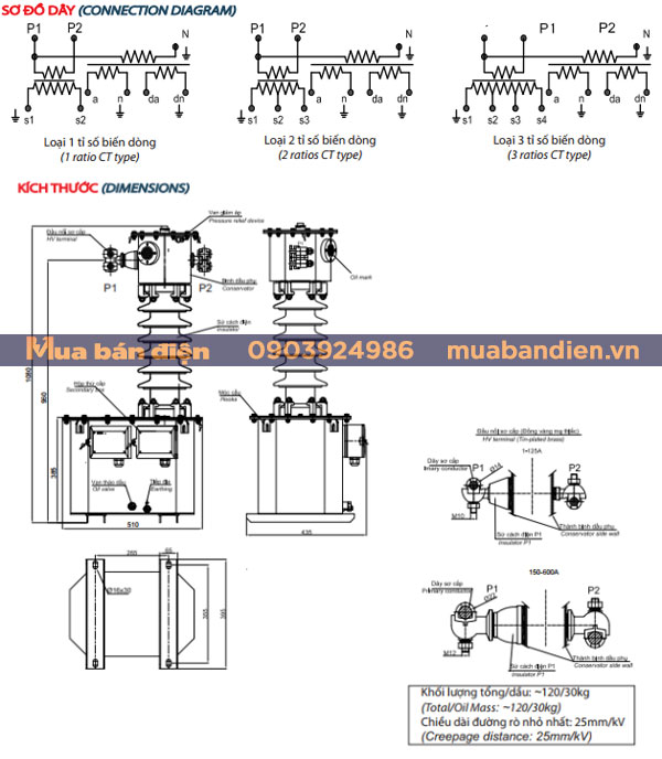Sơ đồ đấu dây và kích thước MOF 35kV EMIC