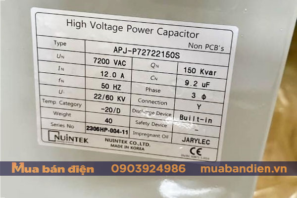 Thông số tụ bù 150kVAr 7200V Nuintek Hàn Quốc
